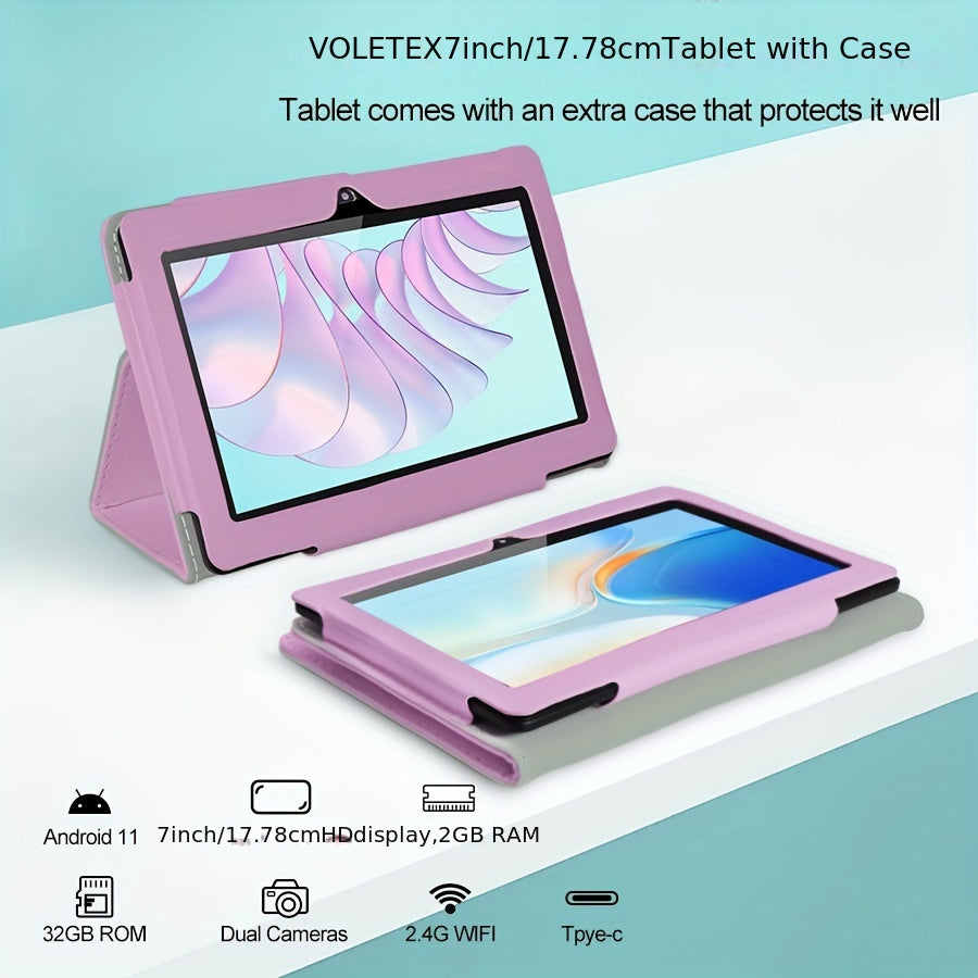 ATMPC 7" Android 11 Tablet with Quad Core Processor, 2GB RAM 32GB ROM, HD IPS Display, Dual Camera, WiFi, USB OTG & Built-in Case - Purple, Media Consumption, Productivity Device, Modern Tablet, Sleek Design, Durable Build, C
