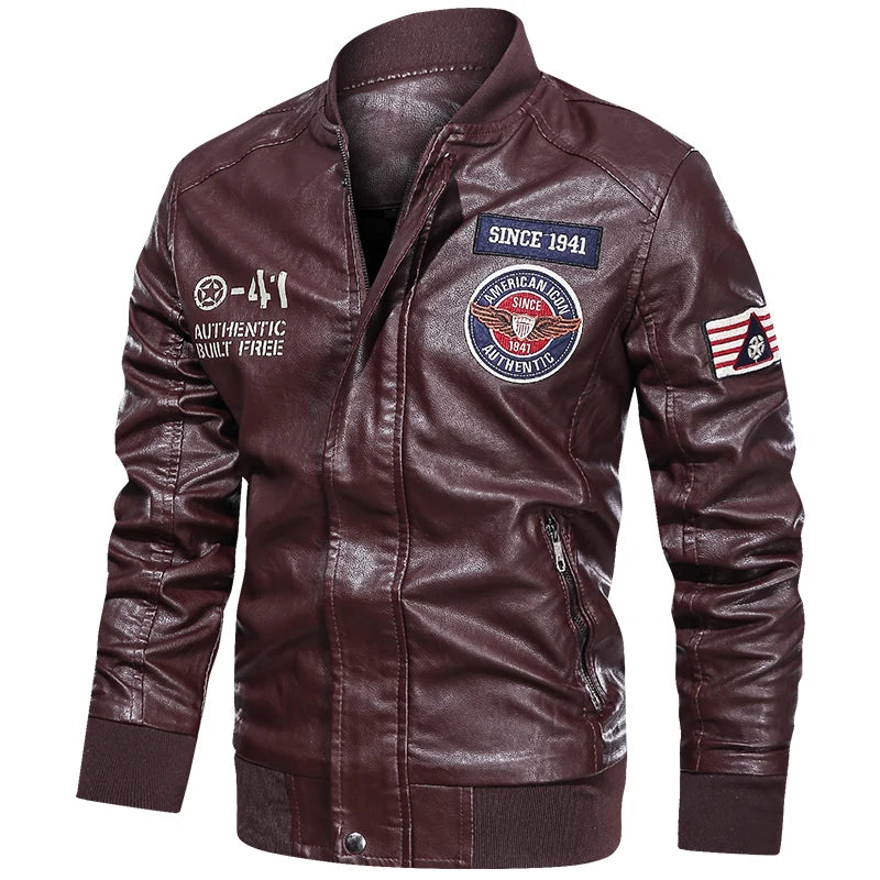 Spring and Autumn Men's Motorcycle Suit Leather jacket Color blocking American baseball collar pilot casual PU leather jacket