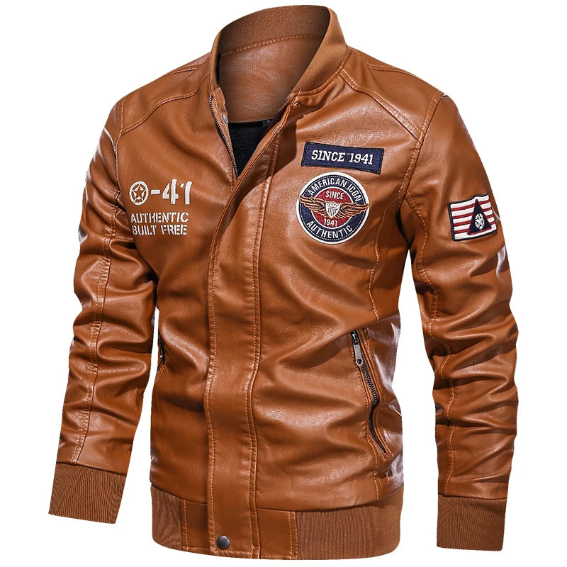 Spring and Autumn Men's Motorcycle Suit Leather jacket Color blocking American baseball collar pilot casual PU leather jacket