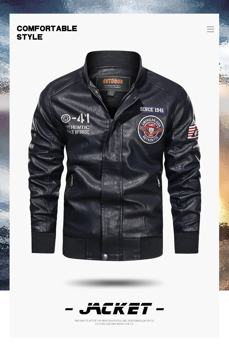 Spring and Autumn Men's Motorcycle Suit Leather jacket Color blocking American baseball collar pilot casual PU leather jacket