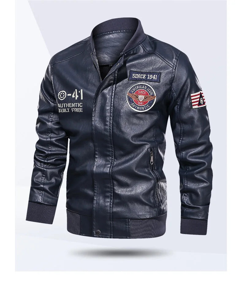 Spring and Autumn Men's Motorcycle Suit Leather jacket Color blocking American baseball collar pilot casual PU leather jacket