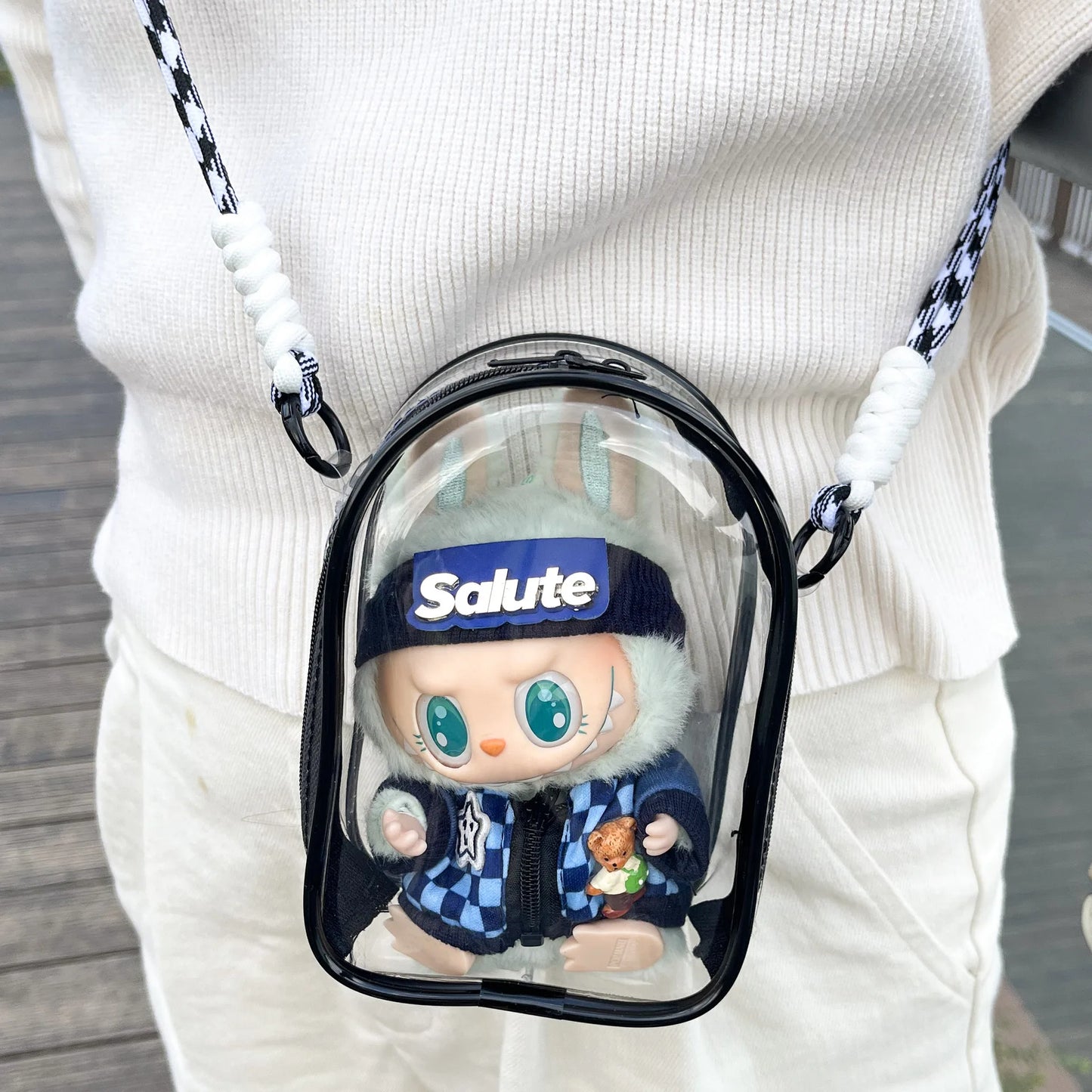 Doll Protect Case For Labubu Sitting Party 15cm Plush Cotton Doll Shoulder Pain Bag With Rope PVC Storage Bag Walk Bag Dustproof