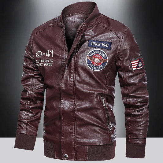 Spring and Autumn Men's Motorcycle Suit Leather jacket Color blocking American baseball collar pilot casual PU leather jacket
